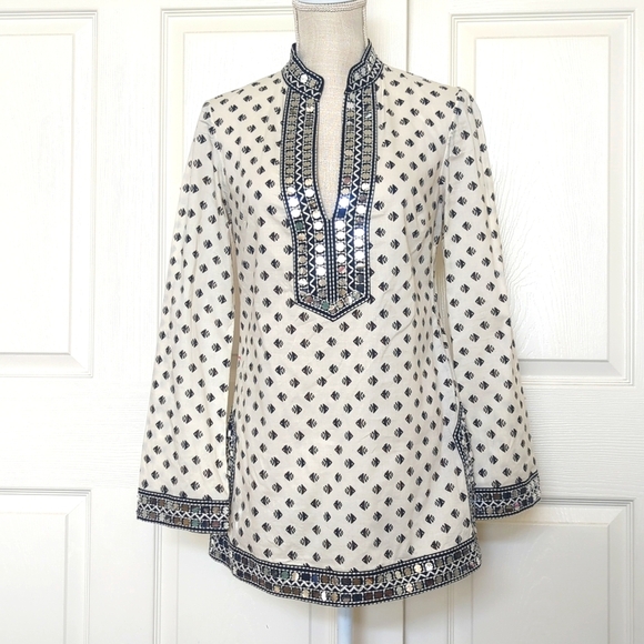 Tory Burch Ivory & Black Fish Print Tunic Top w/ Mirror Sequins - Picture 12 of 12